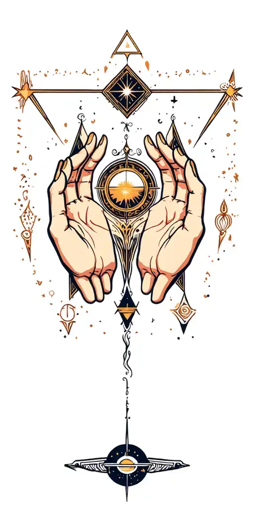 “As Above, So Below” symbolism using mirrored hands, celestial bodies, or triangles. Let the design flow  tattoo design idea