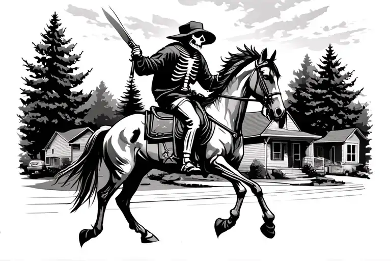 grim reaper skeleton  riding horse in suburban neighborhood landscape tattoo design idea