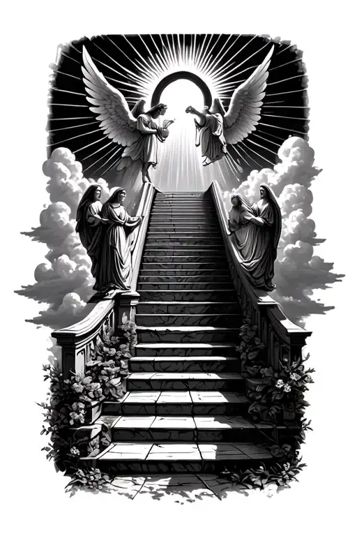 stairway to heaven walking up stairs angels sun rays clouds heaven gate at the top of the stairs  tattoo design idea