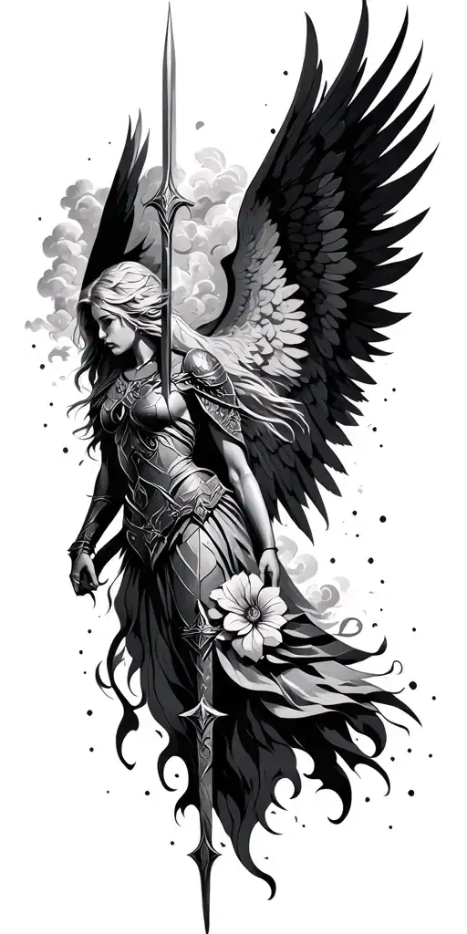 Meaningful warrior angel, Norse Valkyrie, clouds, rays, floral, dark, strong tattoo design idea