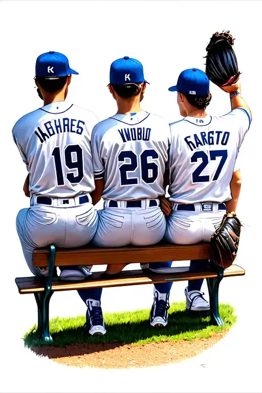 3 baseball pitchers with jersey numbers 19, 26 and 27 and my mom sitting on a bench watching  tattoo design idea