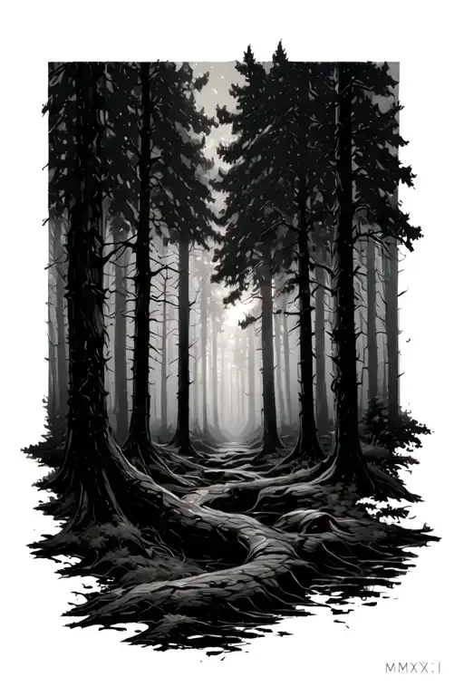 MMXXIII - avant bras - forêt - ombrage tattoo design idea