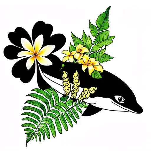Four leaf clover, minke whale, a frangipani, a silver fern,  cook island turtle, kowhai flower tattoo design idea