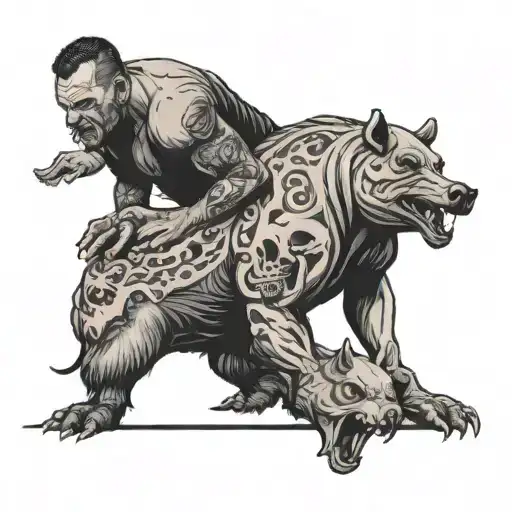 football player holding two boars with skulls tattoo design idea