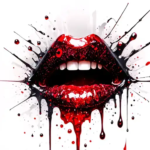 vampire bite puncture marks, one bite mark has a stream of blood coming out of it in one singular ruby glitter droplet tattoo design idea