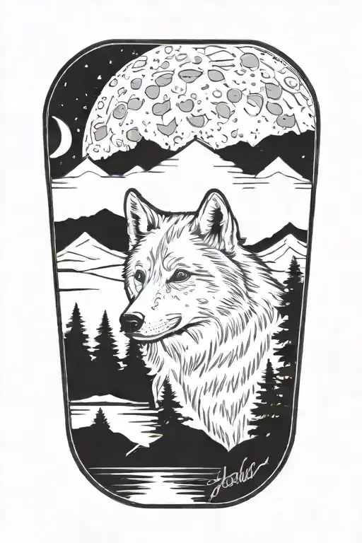 wolf cub, river, moon, adult wolf transition tattoo design idea