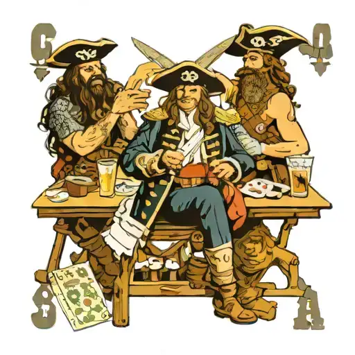 a pirate Captian, Viking warrior (no helmet just long hair), George Washington, Navy SEAL all playing cards at a bar  tattoo design idea