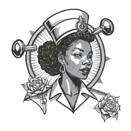 black nurse in nurses outfit traditional American tattoo design idea