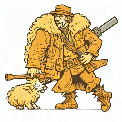 hunter man, with sheepskin on his back and a shotgun tattoo design idea