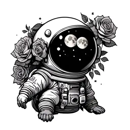 a cartoon astronaut with a moon for a head and roses spilling out of the spacesuit tattoo design idea