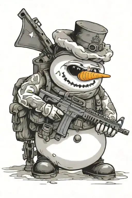 military buff snowman, with combat boots and a riffle tattoo design idea
