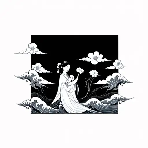 Japanese women to represent wife and 2 flowers to represent children, waves clouds, to wrap around lower leg tattoo design idea