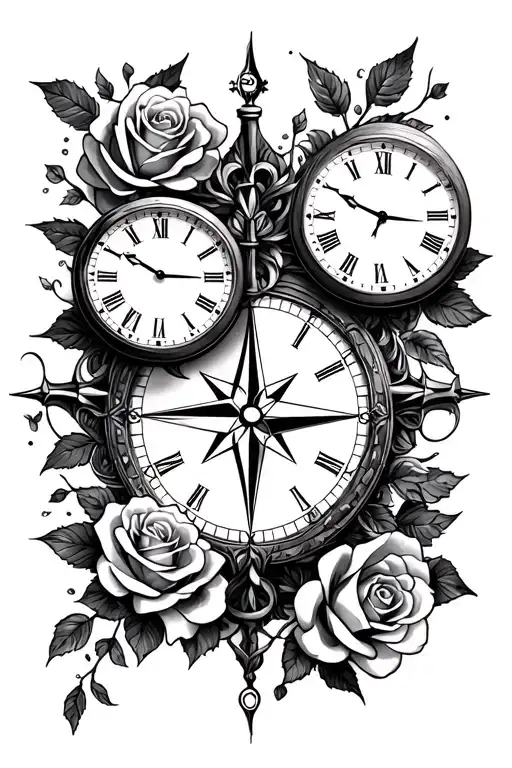 3 clocks, roses, stairs, nautical compass tattoo design idea