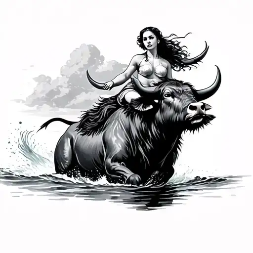 lady riding on water buffalo tattoo design idea