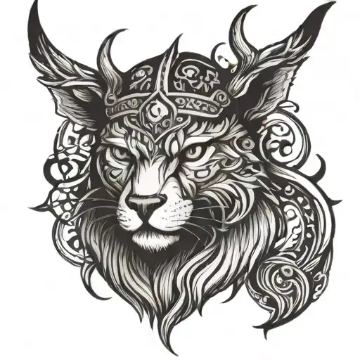 viking tattoo half cat and deer head tattoo design idea