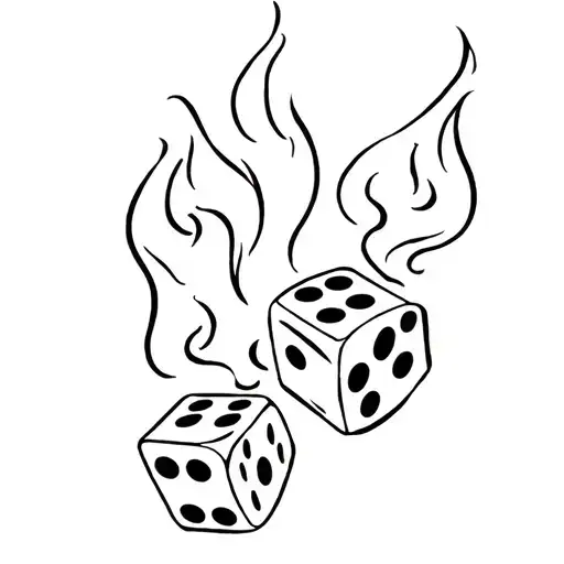 This whimsical black-and-white line art tattoo features two stylized dice lit with flames tattoo design idea