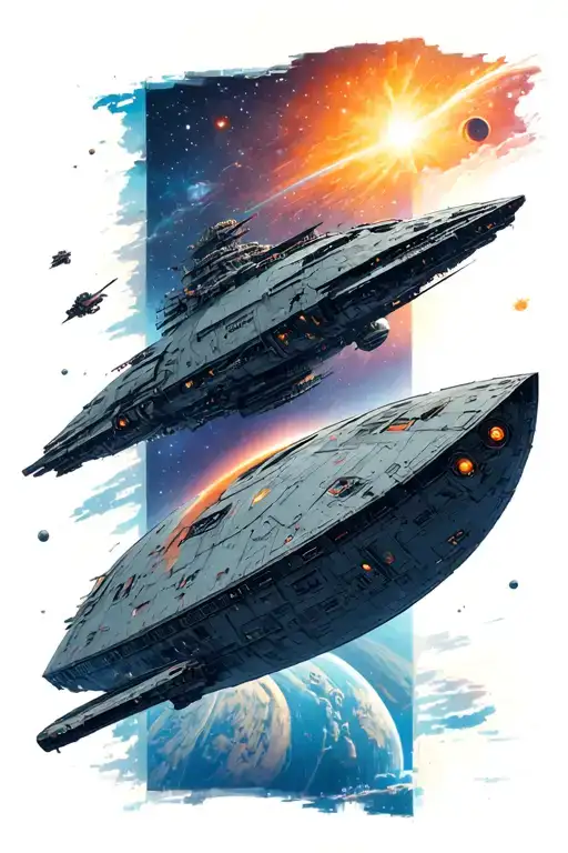 tall narrow rectangular space scene with a homeworld style ship sideways in the foreground that extends beyond the edge. tattoo design idea