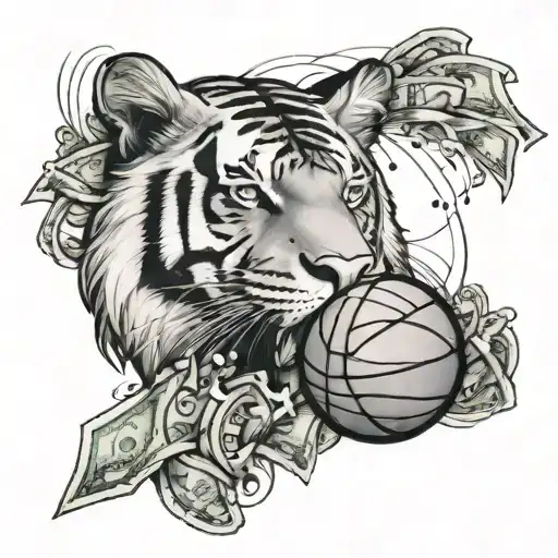 A basketball made of money with a tiger face on it tattoo design idea