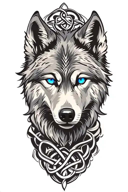 wolf with blue eyes featuring Celtic trinity knot  tattoo design idea