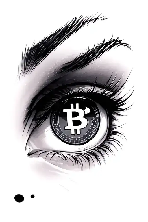 Beautiful Feminine Eye, black & grey with light grey & white highlights in the iris. Dark outline, bitcoin logo in iris. tattoo design idea