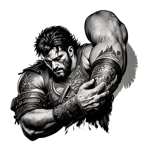 Half arm depicting a brave warrior putting on his combat bands, on the other side, depicts the tattoo design idea