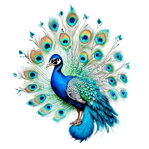 Highly detailed and realistic peacock tattoo design for back, full body of peacock with elegant, colorful feathers flowi tattoo design idea