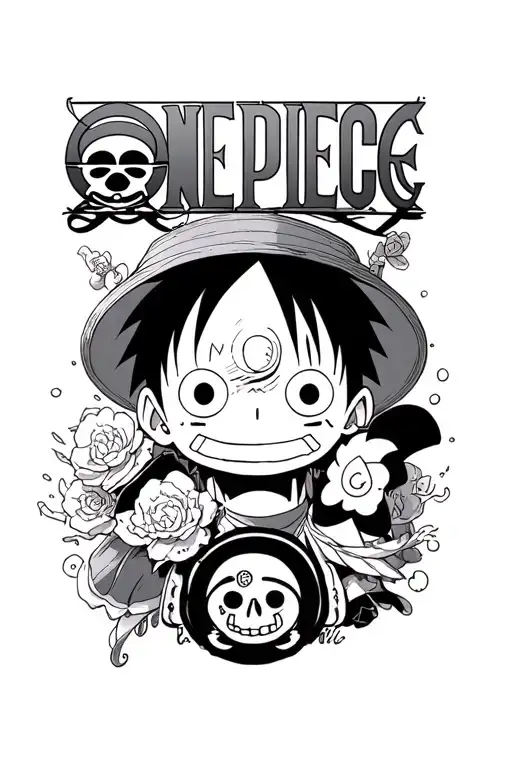 One Piece anime theme, including the name One Piece and images of Luffy, Sabo and Ace full of life tattoo design idea