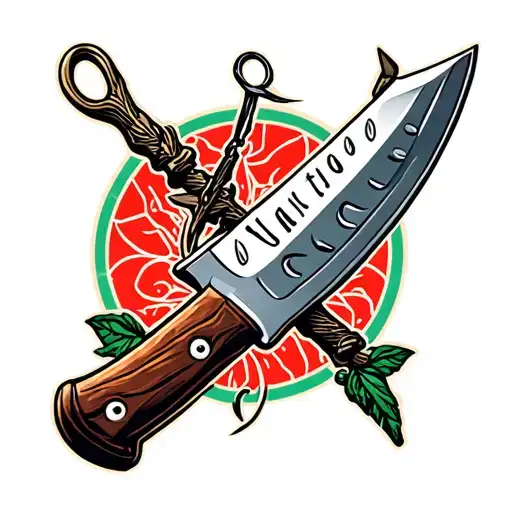 butcher's knife with a fishing hook crossed tattoo design idea