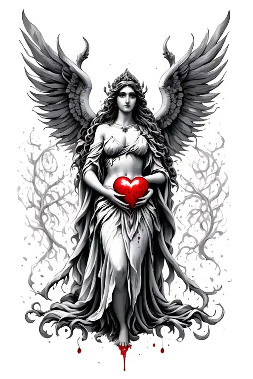 standing goddess holding bleeding heart tattoo design idea