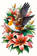 sparrow flying surrounded by tiger lily flowers tattoo design idea