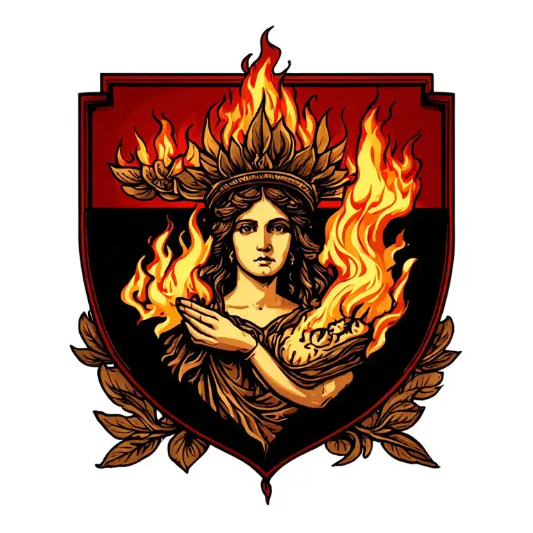 Crest of Hestia holding a burning flame tattoo design idea