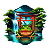 traditional Japanese frog with a waterfall and tori gate  tattoo design idea