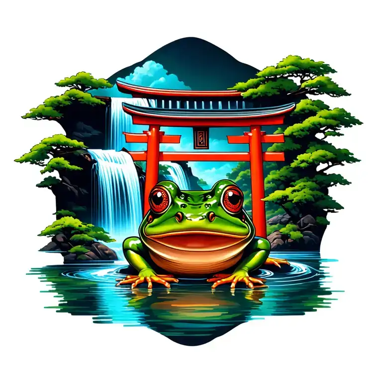 traditional Japanese frog with a waterfall and tori gate  tattoo design idea