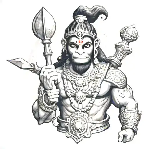 Create a 2-inch Lord Hanuman tattoo on the hand, featuring him holding a gada (mace), symbolizing strength and devotion tattoo design idea