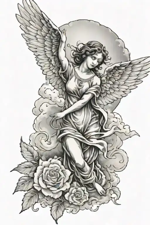 forearm tattoo with 7/12/1972-10/16/2010 with an angel and clouds tattoo design idea