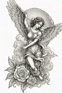 forearm tattoo with 7/12/1972-10/16/2010 with an angel and clouds tattoo design idea