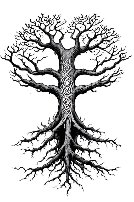 Yggdrasil with 3 long roots reatching for the nine realms tattoo design idea