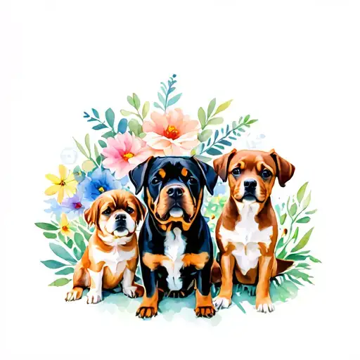 3 dogs. In the middle of a large Rottweiler, on the left a small pekinese and on the right a small chiweenia in front of a flower background tattoo design idea