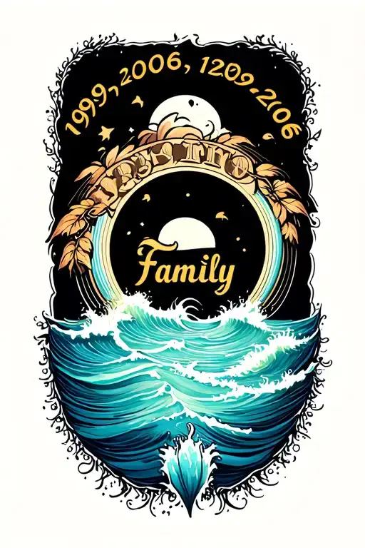 "1999,2006, Family" ocean circle surrounding tattoo design idea