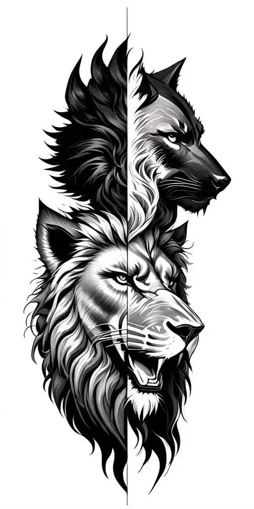 Lion with Ares god of war and half head of wolf and black panther the other head half tattoo tattoo design idea
