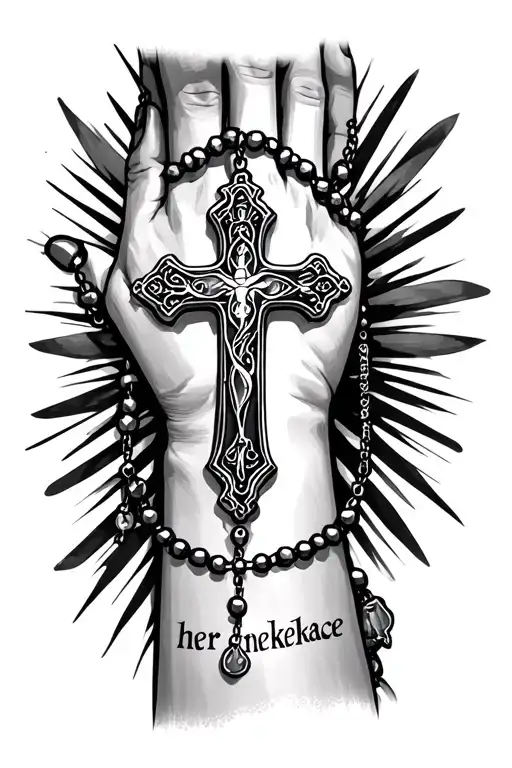 "her necklace" hand tattoo of cross with rosary beads going down wrist saying her necklace tattoo design idea