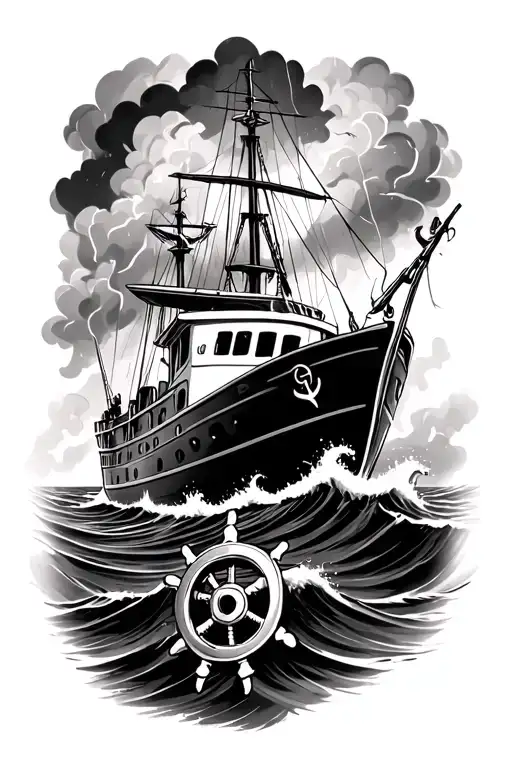 lobster boat fishing in rough seas, with ship wheel and anchor and storm clouds tattoo design idea