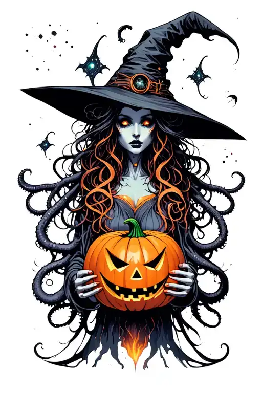 cyber witch holding jack-o'-lantern, tentacles, space, eldritch tattoo design idea