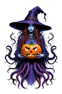 cyber witch holding jack-o'-lantern, tentacles, space, eldritch tattoo design idea