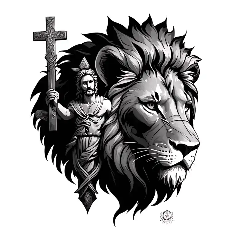 The lion Judah with a cross and god tattoo design idea
