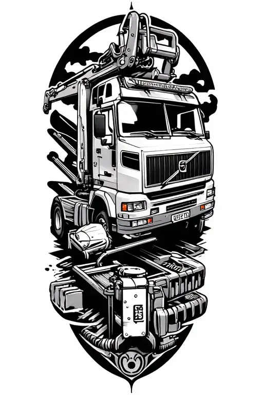 Combine elements of construction tools and the Volvo 950FL in a blackwork tattoo that symbolizes hard work and dedication tattoo design idea