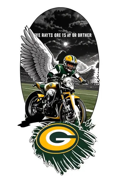 memorial tattoo for brother, sports bike angel and Green Bay packer tattoo design idea