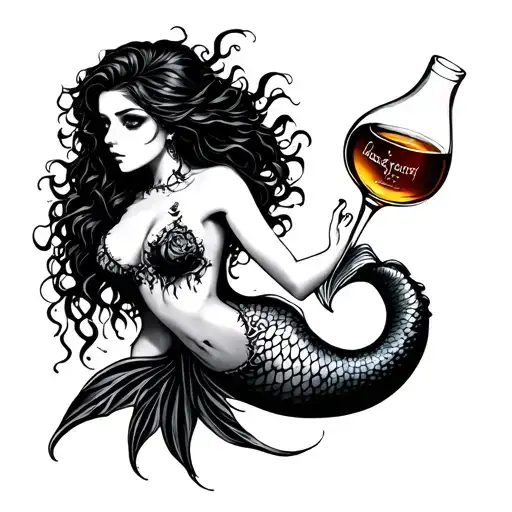 goth siren whisky mermaid tattoo design idea