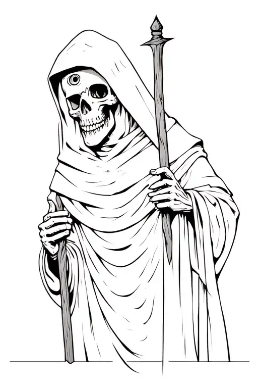 a skeleton in an executioner's hood, holding a wooden staff with an eye hanging from it tattoo design idea