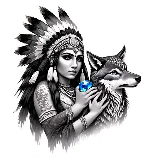 a female red Indian with a wolf and an owl clutching a beryl stone tattoo design idea
